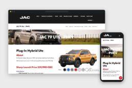 JAC T9 Ute PHEV product page on a laptop and a phone